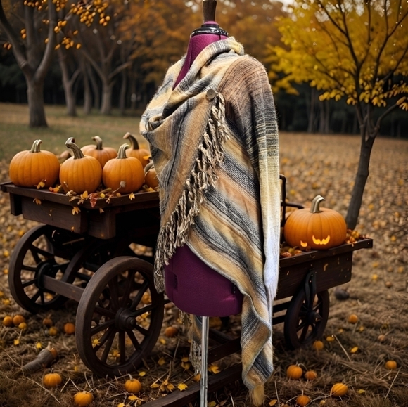 NWT Lovestitch Sweater Shawl Wrap Frindge Stripe Cardigan Browns Cream Tan Black - Picture 13 of 13